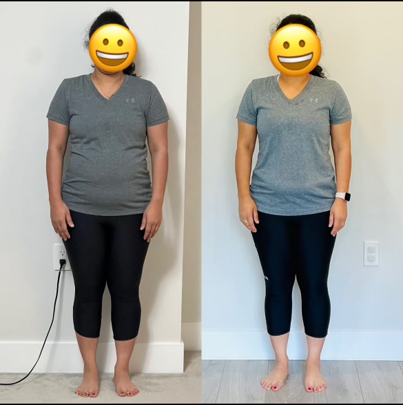 Shreya's transformation — before and after photos showing fat loss and increased strength